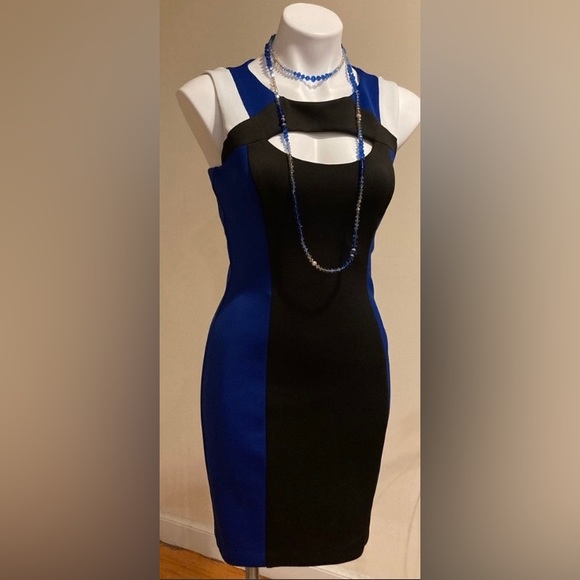 Guess Blue & Black Sleeveless Cutout Colorblock Bodycon Dress Sz. 2 - Picture 2 of 15